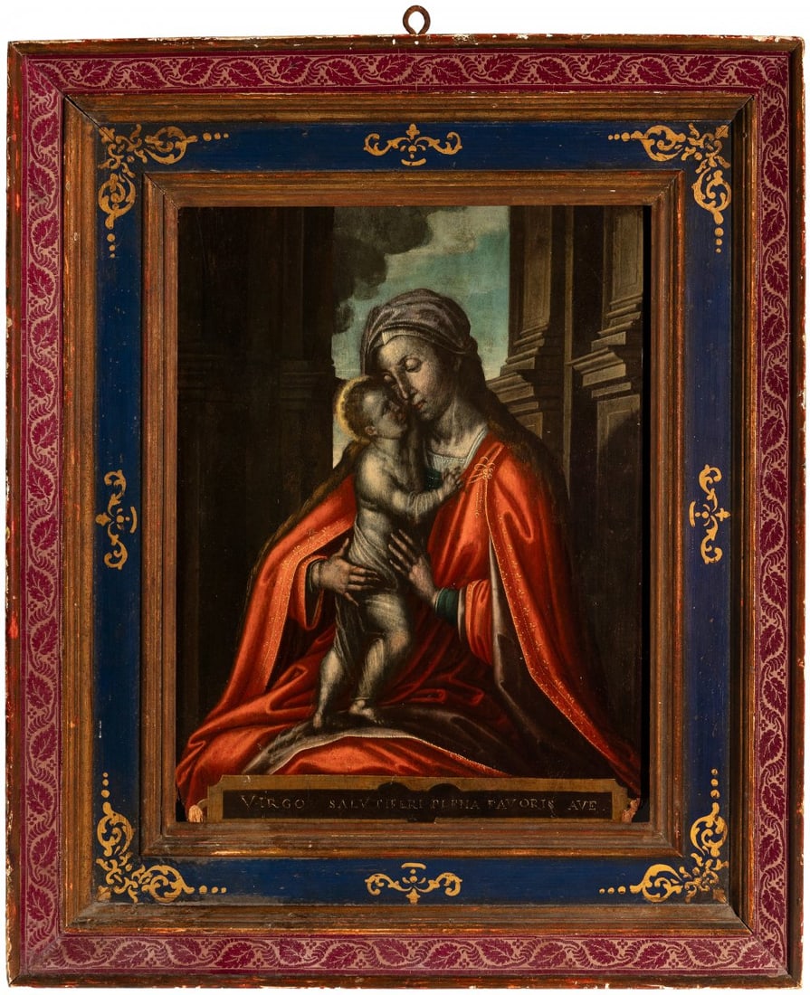Italian school of the sixteenth century. Following models of AMBROSIUS BENSON (ca. 1500-1550). "Mary: Italian school of the sixteenth century. Following models of AMBROSIUS BENSON (ca. 1500-1550). "Mary seated". Oil on panel. Frame of the 19th century. Inscribed at the bottom: VIRGO SALVTIFERI PLENA F