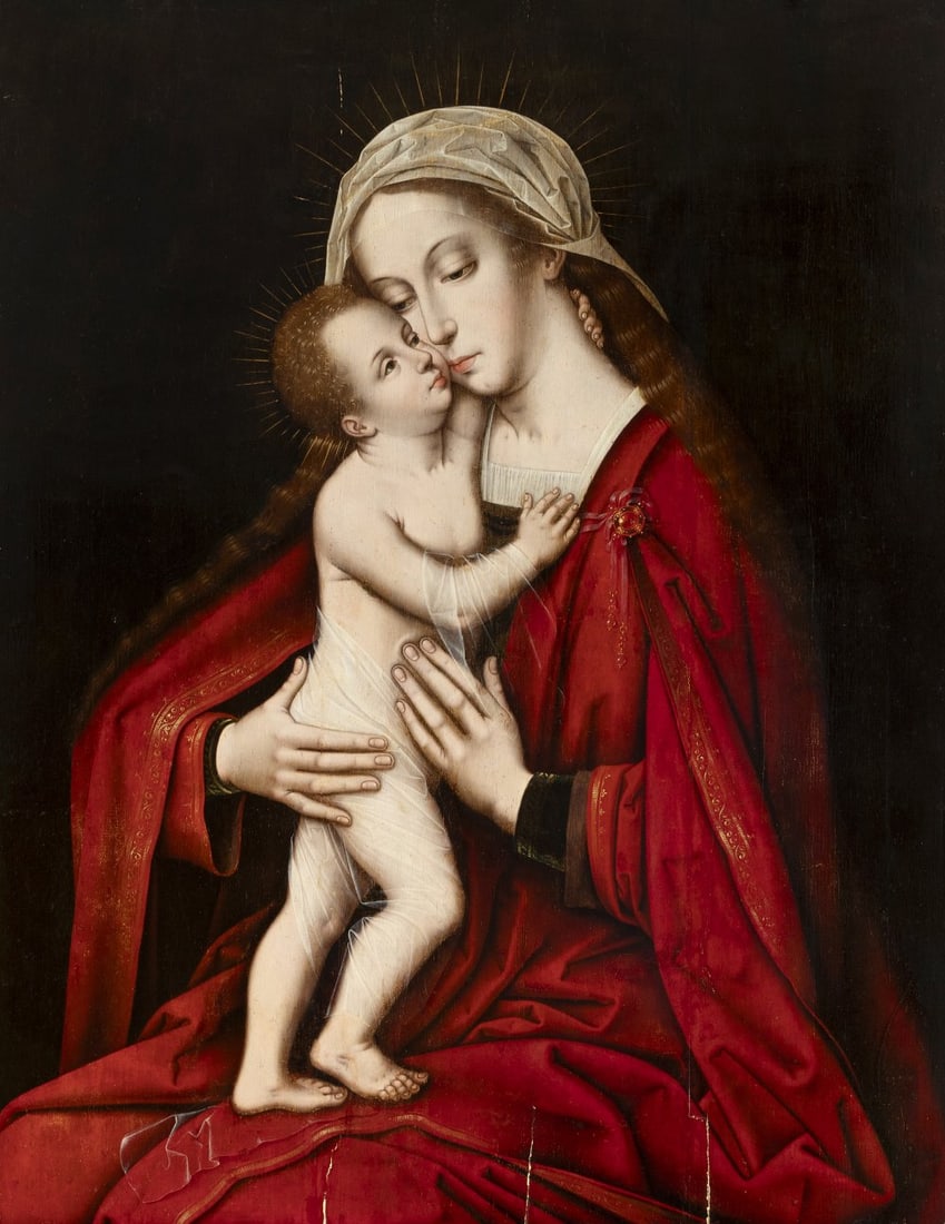 AMBROSIUS BENSON and Workshop; around 1600. (Lombardy, active in Bruges since 1518 – Bruges,: AMBROSIUS BENSON and Workshop; ca. 1600 (Lombardy, active in Bruges from 1518 - Bruges, 1550). "Madonna and Child. Oil on oak panel. Engatillada. The painting shows some paint splashes, repainting and