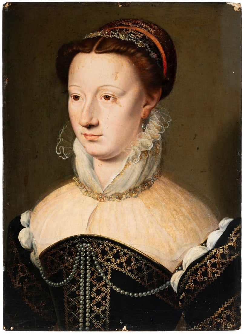 Attributed to FRANCOIS CLOUET (France, ca. 1515-1572). "Portrait of Magdaleine de l'Auberpine, dame: Attributed to FRANCOIS CLOUET (France, ca. 1515-1572). "Portrait of Magdaleine de l'Auberpine, dame de Villeroy, ca 1562. Oil on panel. Measurements: 34.5 x 25 cm; 64 x 54.5 cm (frame). The court pain