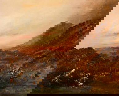 EUGENIO LUCAS VEL?ZQUEZ (Madrid, 1817 - 1870). "Sunset on a North African coast", 1850-1860. Oil on: EUGENIO LUCAS VEL?ZQUEZ (Madrid, 1817 - 1870). "Sunset on a North African coast", 1850-1860. Oil on canvas. Measurements: 45 x 55 cm; 57 x 68 cm (frame). Mentioned since the 19th century as Eugenio Lu