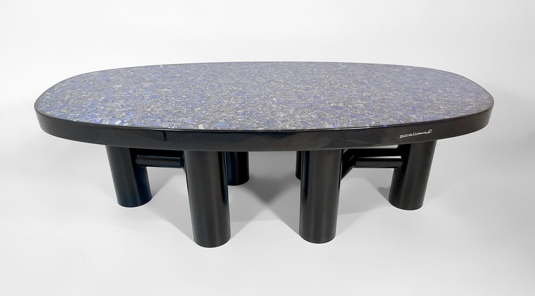 ETIENNE ALLEMEERSCH (Belgium, 1926-2002). Coffee table, 1970s.: ETIENNE ALLEMEERSCH (Belgium, 1926-2002). Coffee table, 1970s. Lapis lazuli. Signed. Measurements: 34 x 117 x 56 cm. As we can appreciate in the coffee table in bidding, the exquisite language of Etie