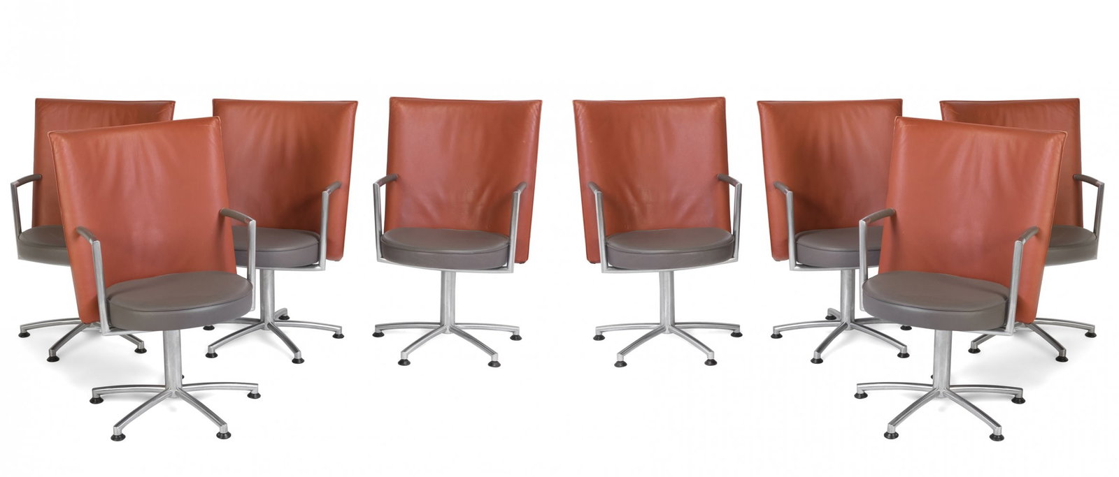 JOHANNES FOERSOM (Denmark, 1947). Set of four chairs. Aluminum base and leather upholstery (quince: JOHANNES FOERSOM (Denmark, 1947). Set of four chairs. Aluminium legs and leather upholstery (quince-coloured back, grey seat). They show signs of use. Measurements: 96 x 63 x 57 cm. The design of thes
