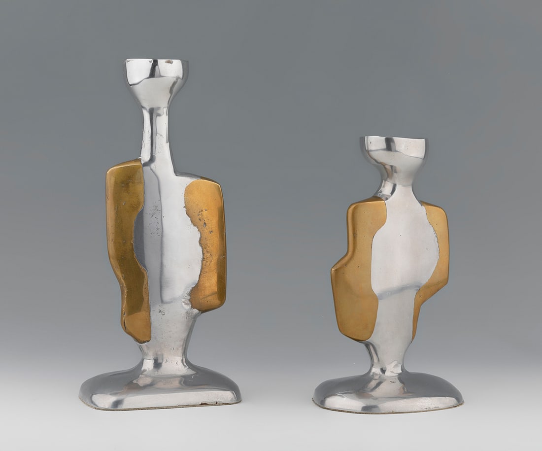 Pair of candlesticks DAVID MARSHALL. Seville, 20th century. Aluminum and brass. Designer's stamp on (1 of 6)