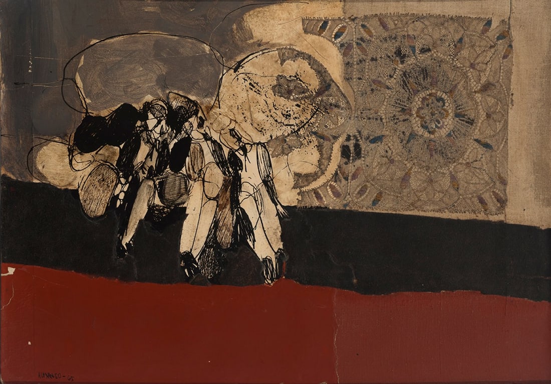 JOSÉ LUIS ALEXANCO (Madrid, 1942). Untitled, 1965. Mixed media (collage, oil, canvas and paper) on: JOSÉ LUIS ALEXANCO (Madrid, 1942). Untitled, 1965. Mixed media (collage, oil, canvas and paper) on canvas. It has slight flaws in the left margin. Signed and dated in the lower left corner. Measureme