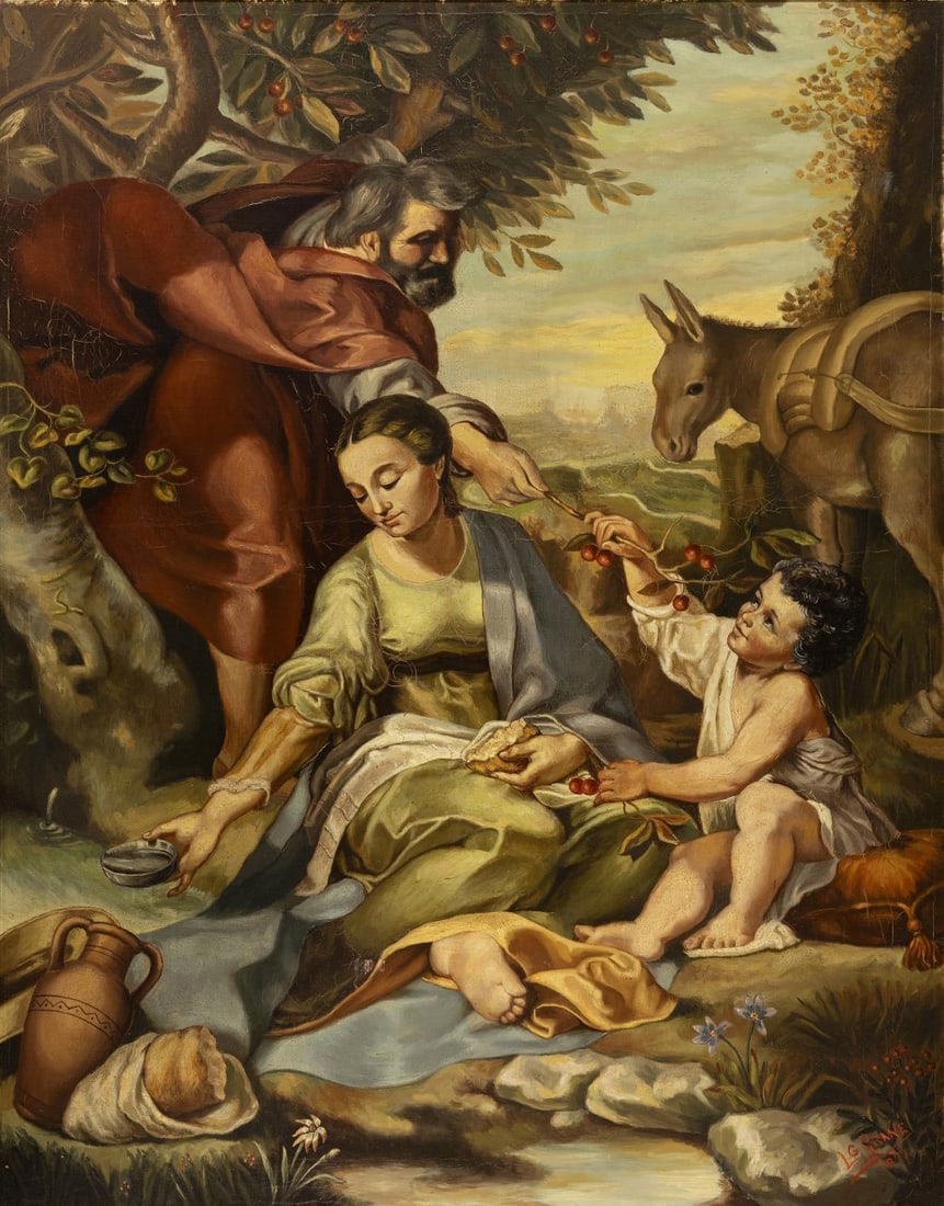 After FEDERICO BAROCCI (Urbino, 1528-1612), 20th century. "Rest at the Flight into Egypt". Oil on: After FEDERICO BAROCCI (Urbino, 1528-1612), 20th century. "Rest at the Flight into Egypt". Oil on canvas. Signed "Le Carrè". It presents a slight craquelure. Measurements: 114 x 88 cm; 128,5 x 103,5