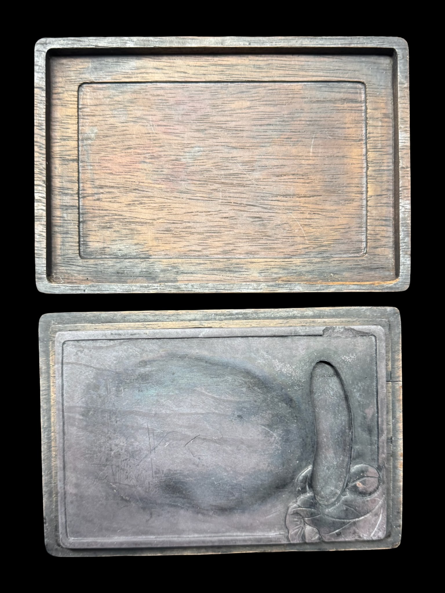 Antique Chinese Duan Inkstone Suzuri: This piece was traditionally used in East Asian calligraphy and ink-wash painting. It is carved from premium, naturally smooth sedimentary stone quarried in Duanzhou, China. It features a large, flat 