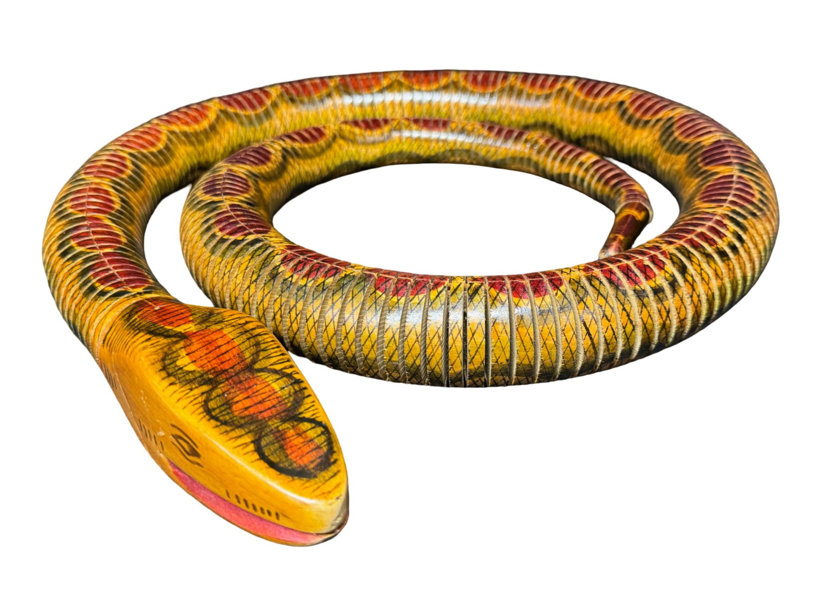Mid-Century Hand-Painted Articulating Serpent: This multi-color hand-painted polychrome serpent is made of wood. It is believed to be made in South America in the 1960s. There are no signs of damage or paint loss. The serpent measures 54 inches lo