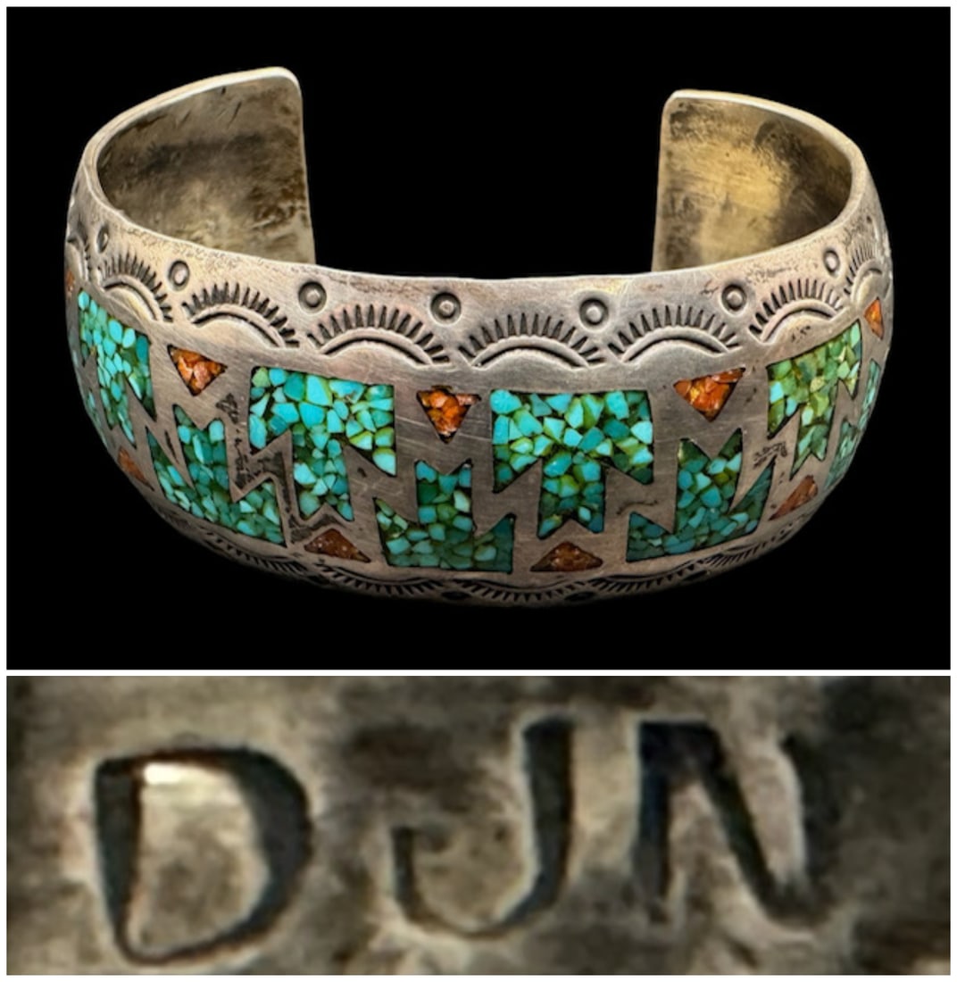 Sterling Silver Navajo Signed Cuff: This signed solid sterling silver cuff is made by the artist Devin Nelson. It features rows of vibrant, crushed turquoise chip inlay. It also incorporates alternating geometric sections of reddish-ora