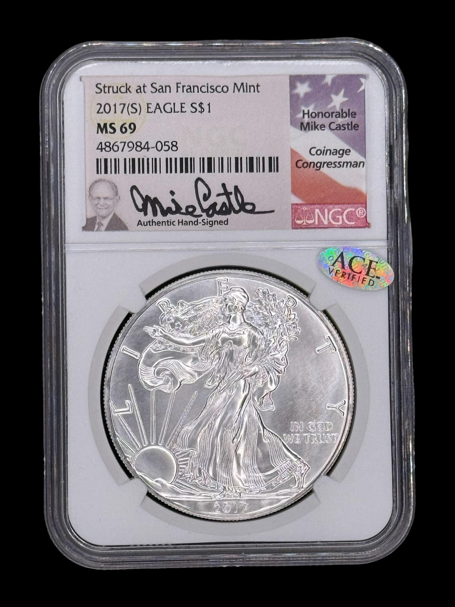 2017-S One Dollar Silver Eagle: This 2017-S one dollar silver eagle is graded MS 69 by NGC. It was struck at the San Francisco Mint, and is signed by Mike Castle. It is one troy ounce of .999 pure fine silver. [GG]