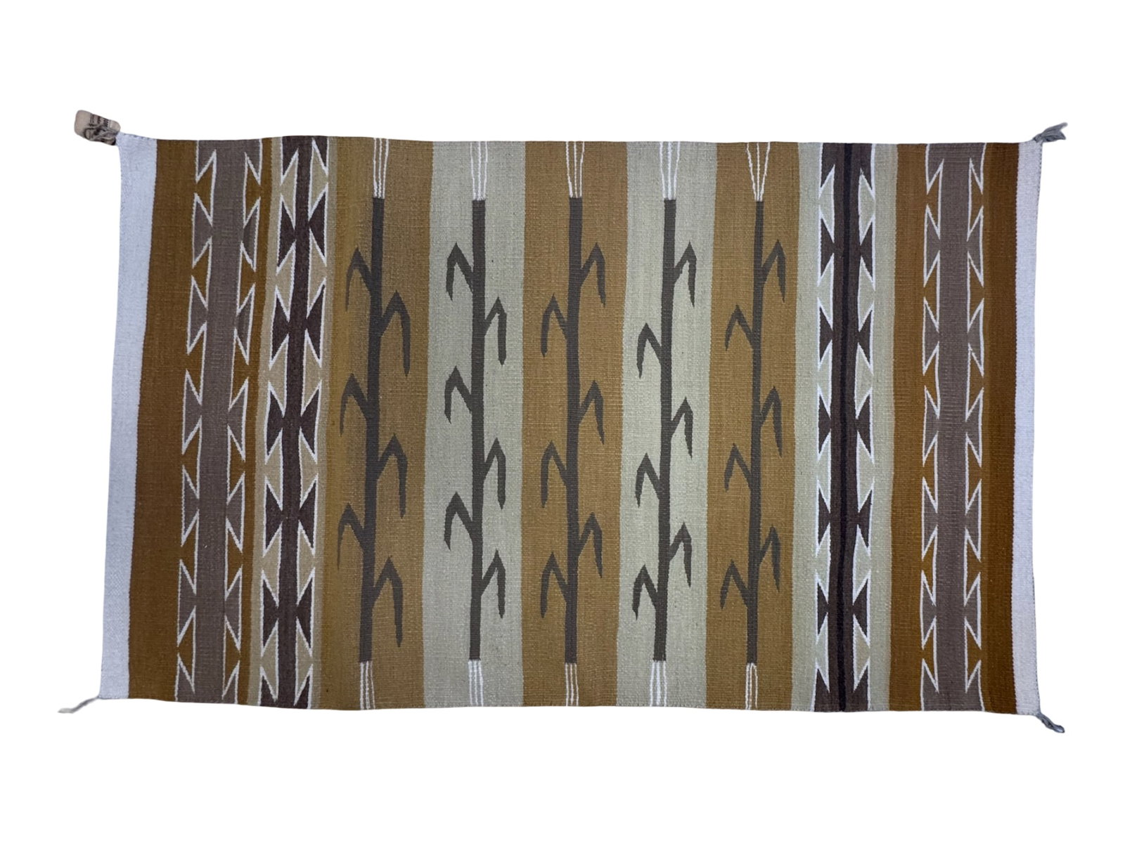 Vintage Navajo Chinle Revival Rug: The layout of this vintage Navajo Chinle Revival rug utilizes wide horizontal bands, alternating with thin accent stripes. It features centralized rows of repeating squash blossom/serrated arrowhead m