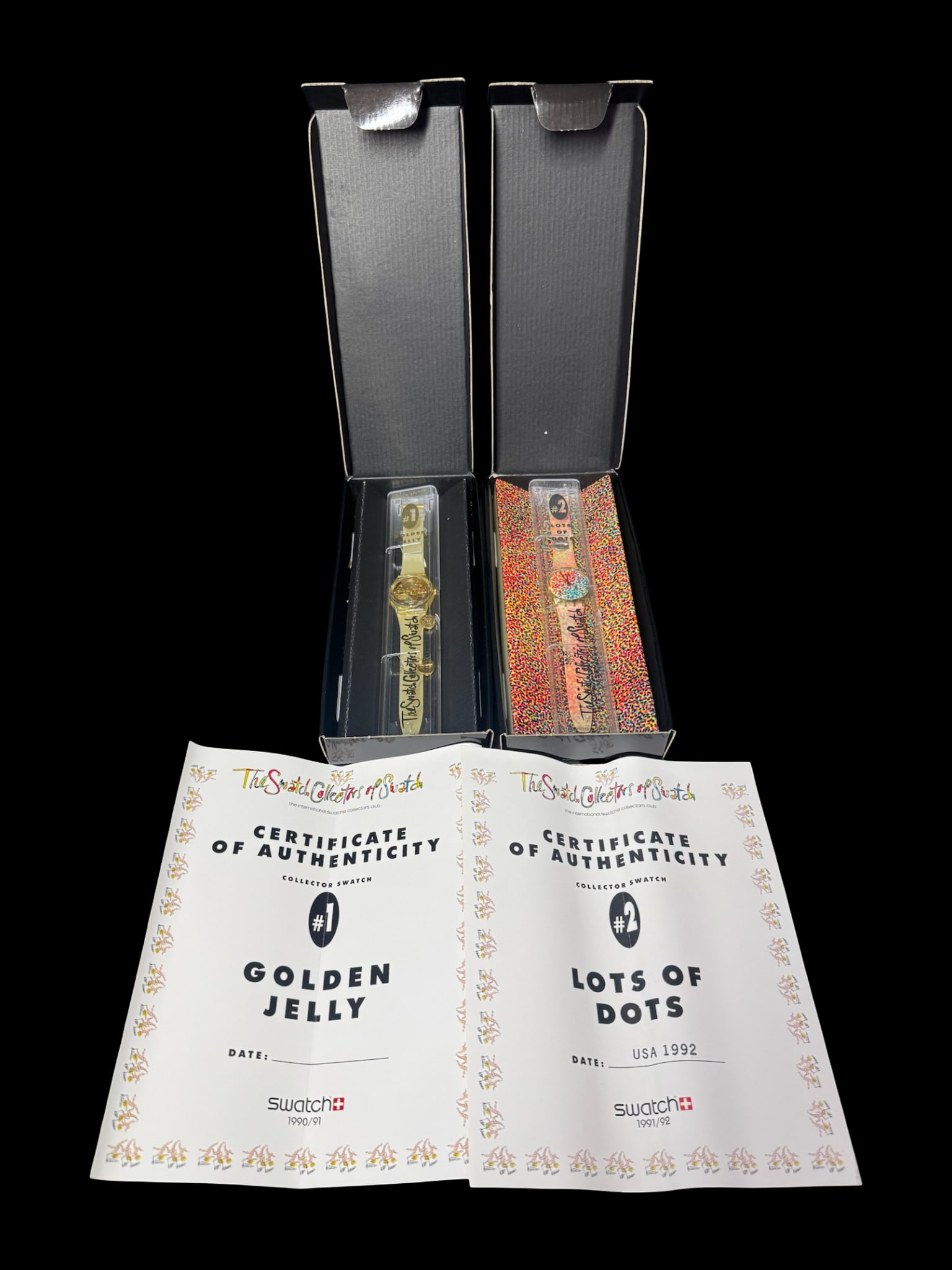 NOS 1990-1992 Swatch Collectors Club Assortment: This Swatch Collectors Club assortment includes a 1990 Swatch originals Gent Special “Golden Jelly” reference number GZ115, which was the very first Club Special. It features a completely