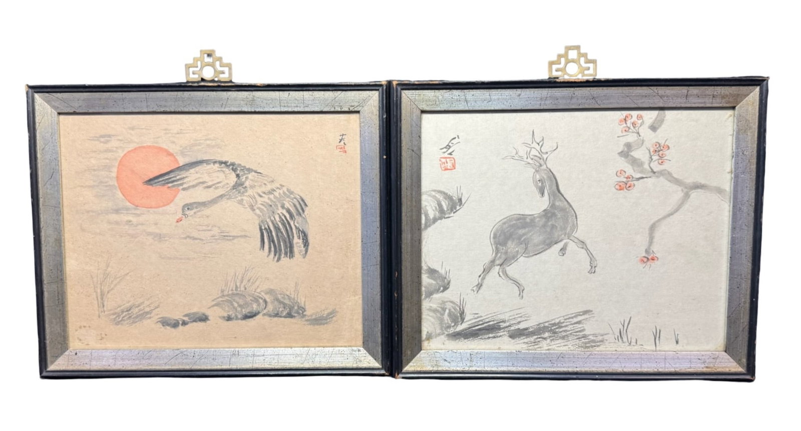Traditional Japanese Ink and Wash Paintings: This is a pair of traditional Japanese ink and wash paintings, also known as Shuimohua, which are specific paintings of animals and nature elements which carry deep symbolic meaning. These two paintin