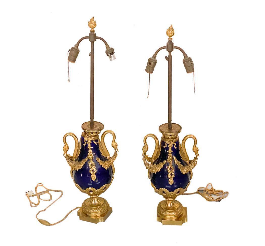 Pair French Gilt Bronze Porcelain Cobalt Lamps (1 of 3)