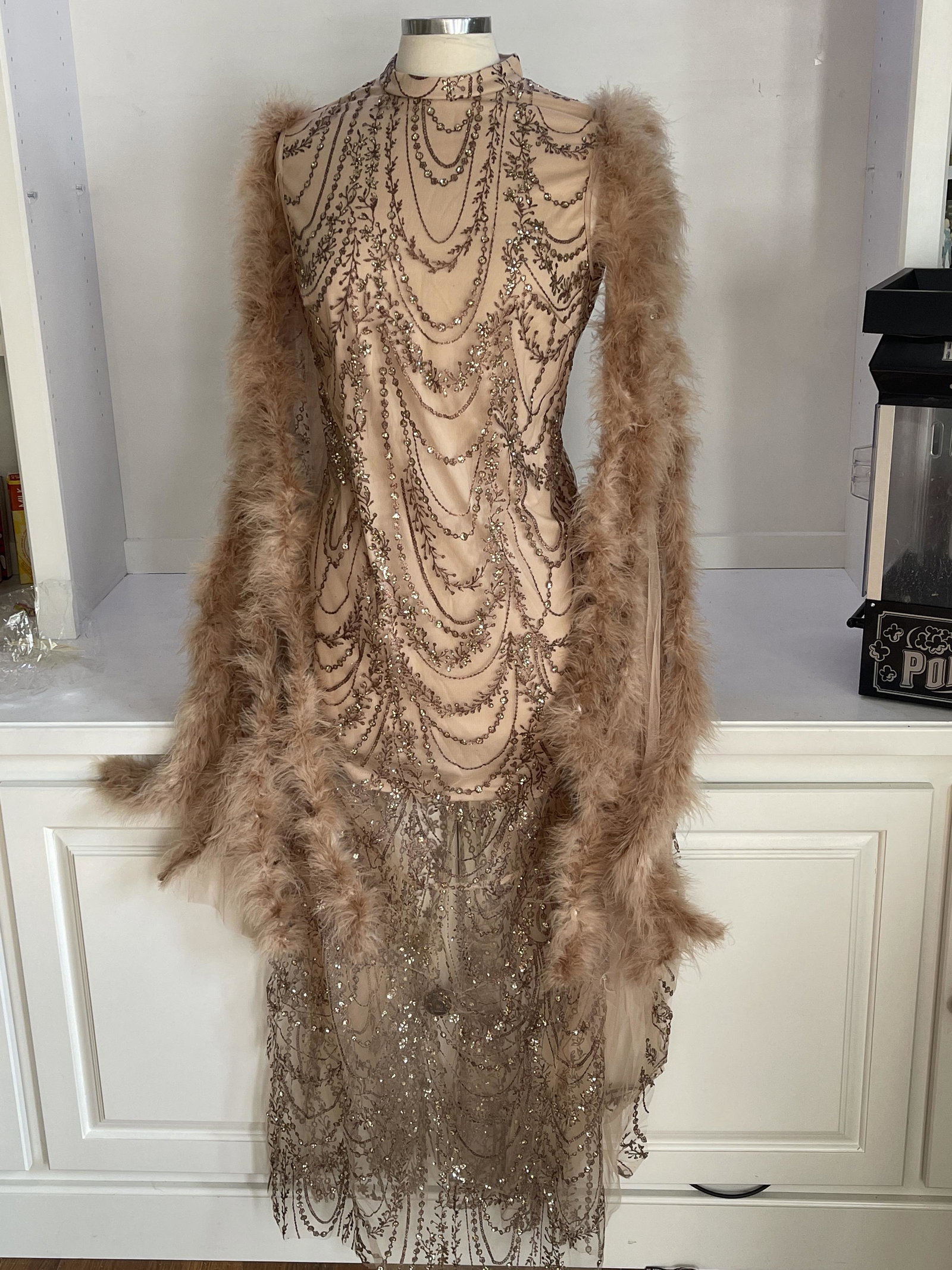 Sequin Dress With Feathered Arms Shoulders: Sequin Dress with feathered arms and shoulders