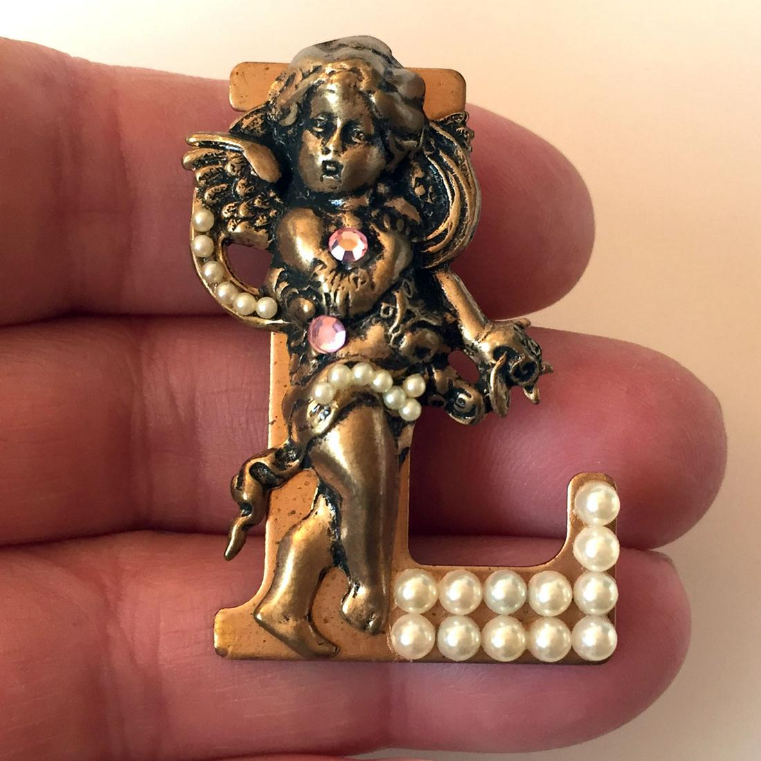 HIDDEN HEART Vintage bronze Initial L  Cherub  brooch (1 of 3)
