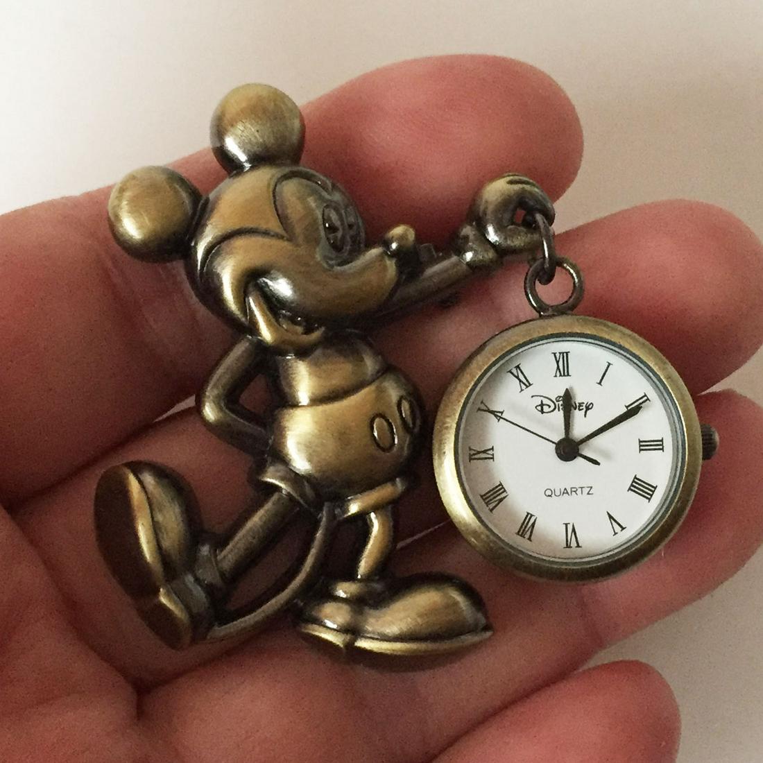 WALT DISNEY: Bronze tone Mickey mouse watch brooch (1 of 4)