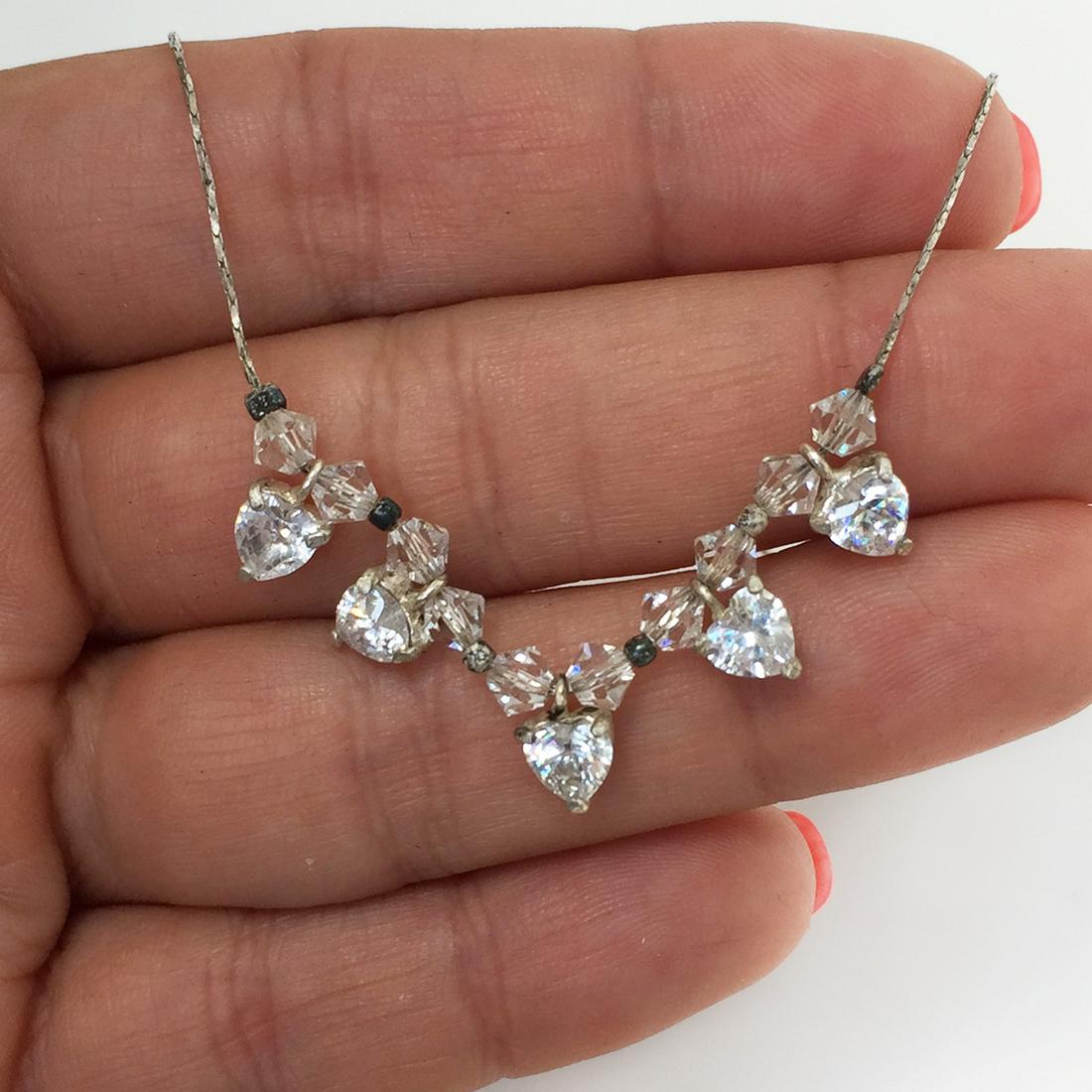 Sterling silver crystal beads heart CZ chain necklace (1 of 5)