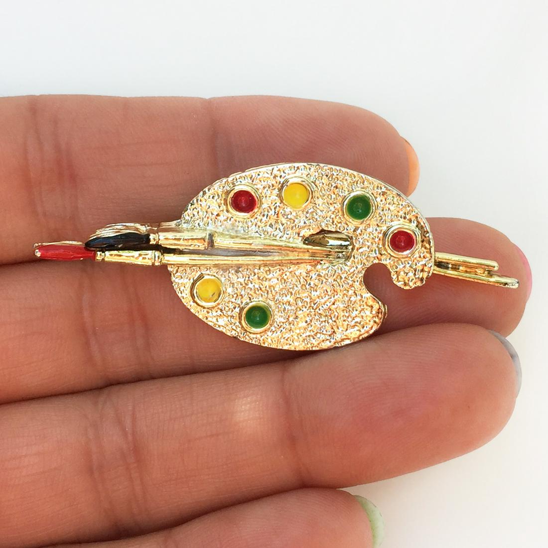 GERRY'S Gold tone enamel paint palette brushes brooch (1 of 3)