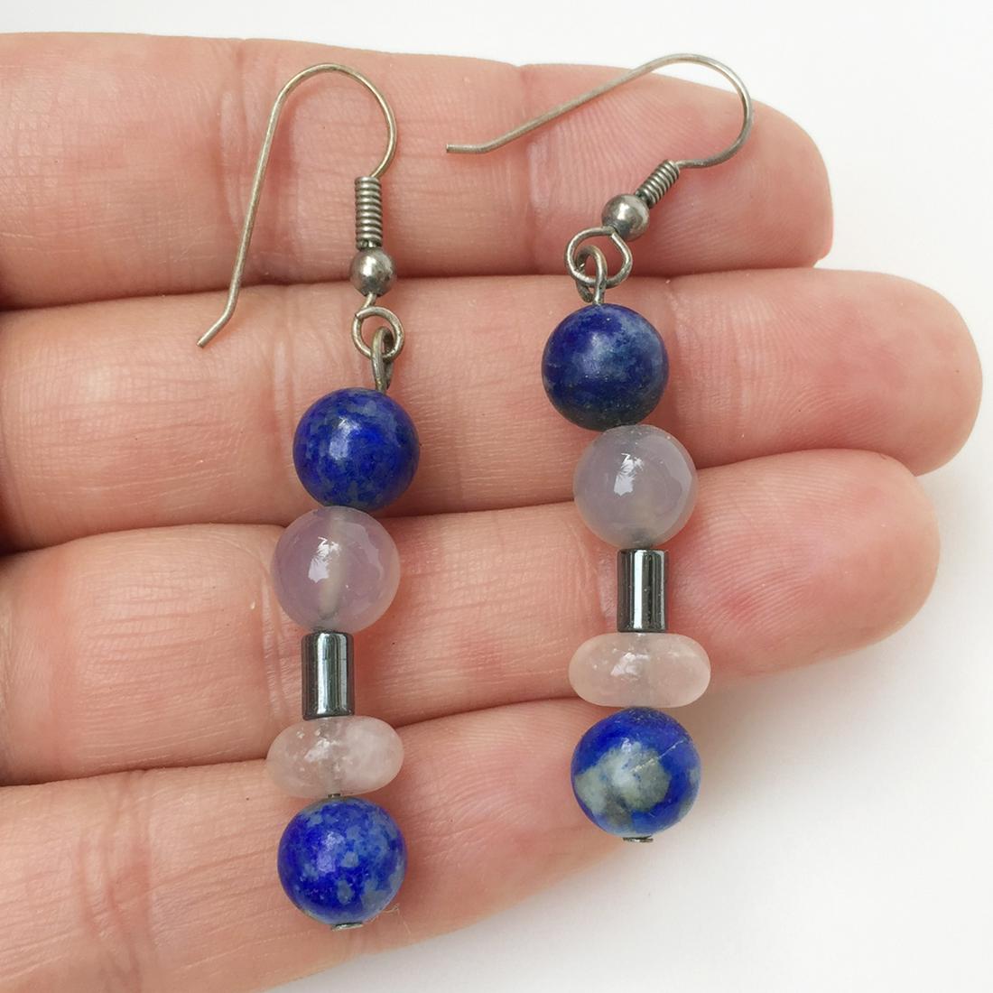 Lapis, rose quartz, hematite beds dangling earrings (1 of 2)