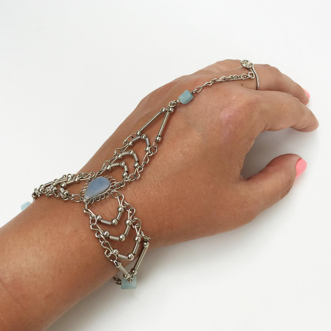 Silver tone blue stone hand chain finger bracelet (1 of 5)