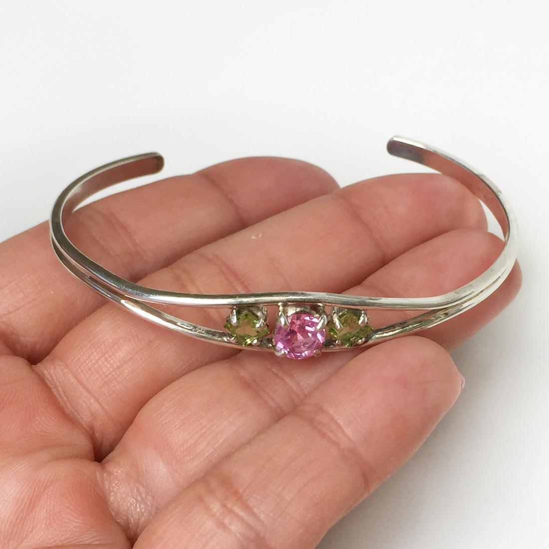 Sterling silver peridot color pink topaz color bracelet (1 of 7)