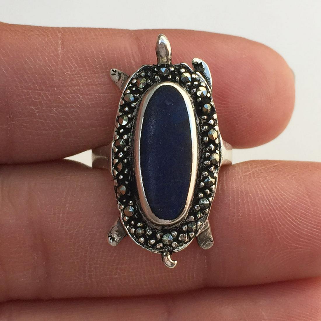 Sterling silver marcasites lapis inlay Turtle ring (1 of 5)
