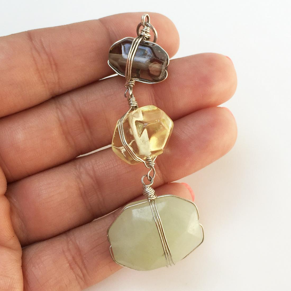 Sterling silver smoky lemon jade color nugget pendant: Sterling silver smoky quartz color, lemon quartz color, green jade color nugget pendant. No hallmark, tested 925. Length 3 inches. Condition excellent.