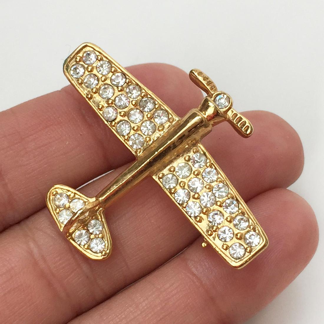 Vintage gold tone clear crystals Airplane brooch (1 of 3)