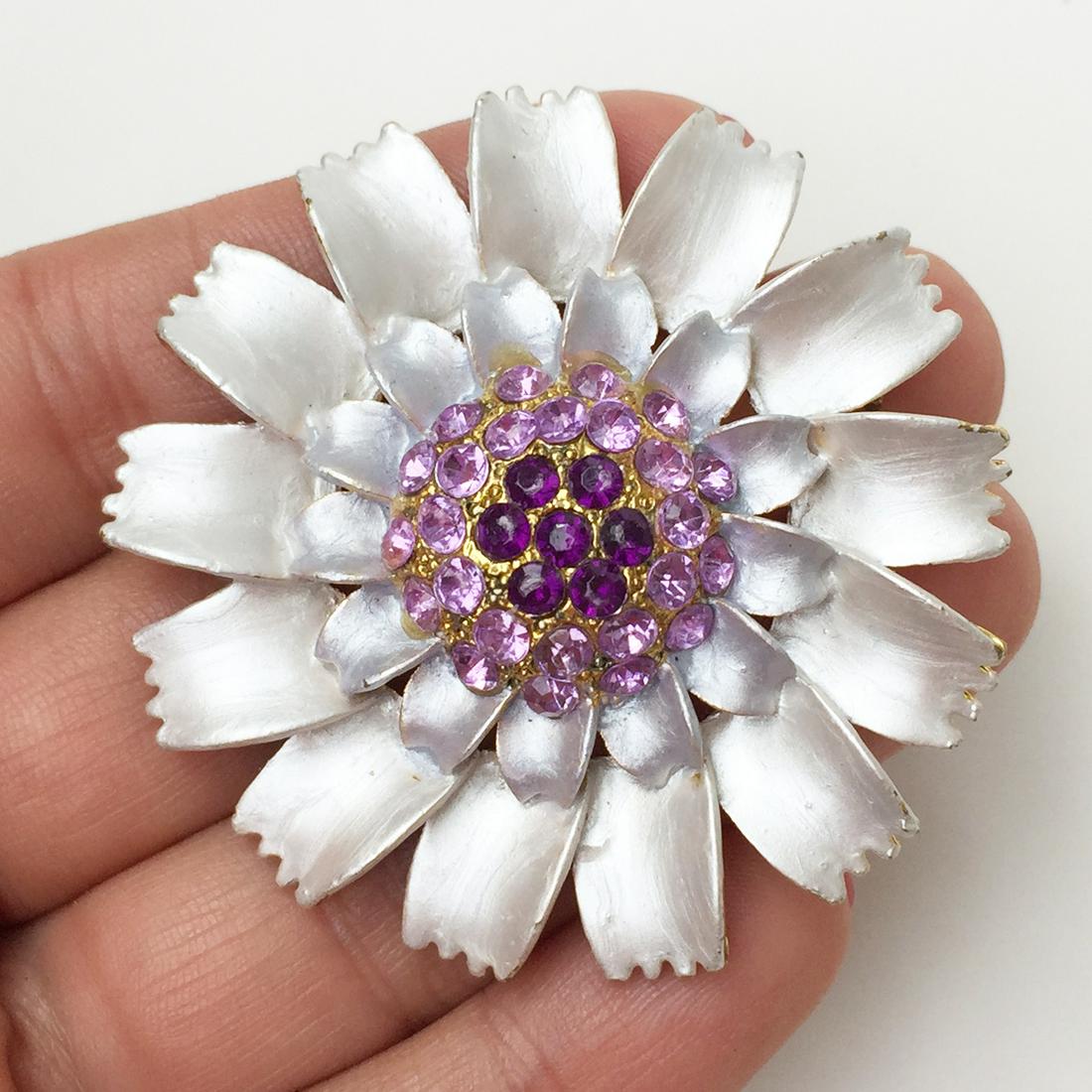 Gold tone silver enamel pink crystals Flower brooch (1 of 3)