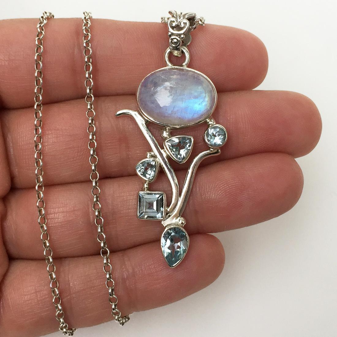 Sterling silver rainbow moonstone blue pendant chain (1 of 5)