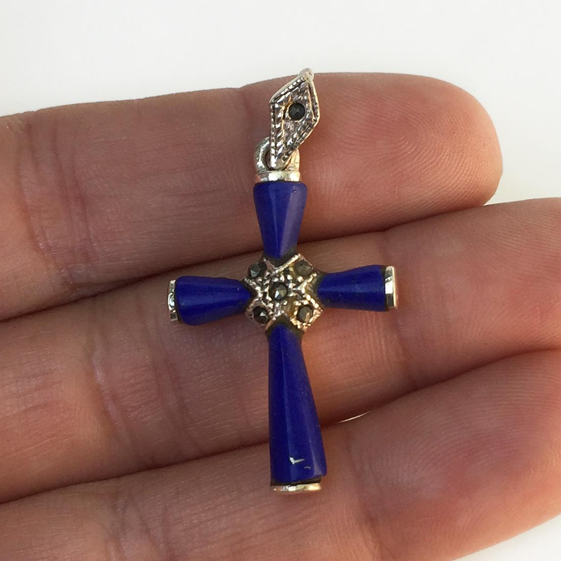 Sterling silver marcasite Lapis color Cross Pendant (1 of 3)