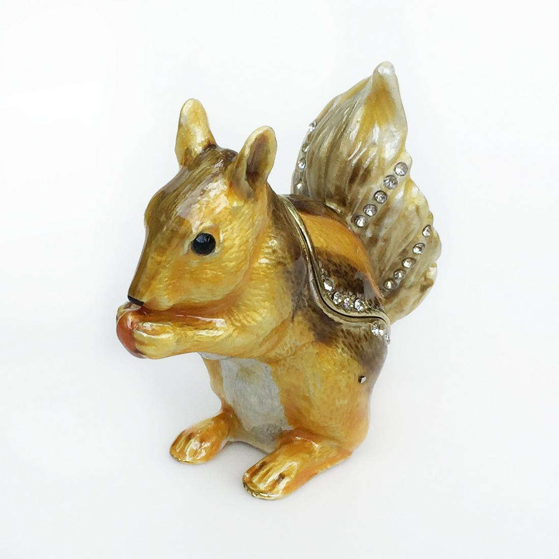 Enamel crystals Squirrel trinket jewelry box: Enamel crystals brown tan gold Squirrel trinket jewelry box. Measured 1 1/8 x 2 3/8 x 2 3/4 inches. Condition excellent.