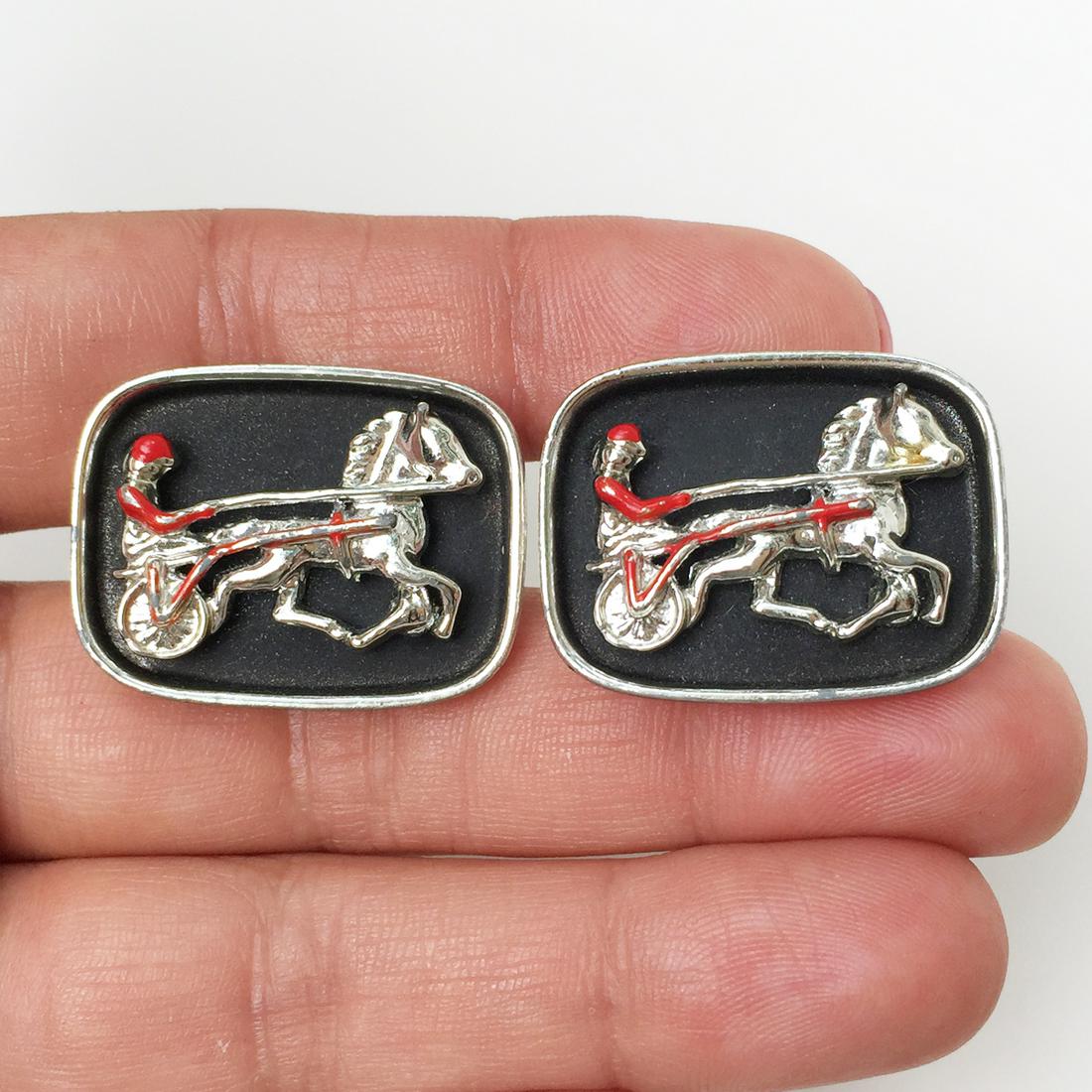 Silver tone black enamel harness racer horse cufflinks (1 of 6)