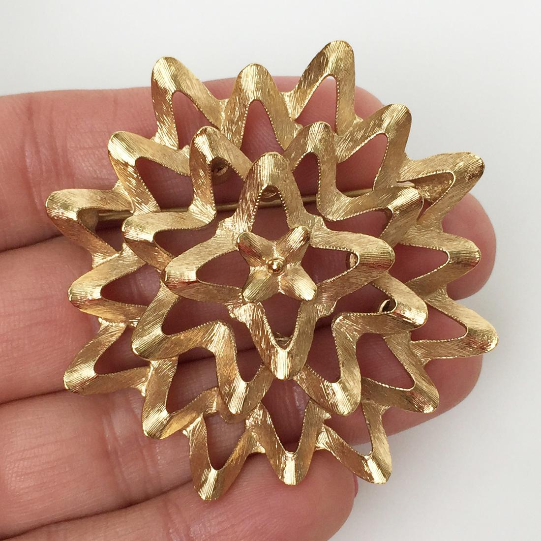 MONET Vintage gold tone textured Flower brooch, signed (1 of 3)