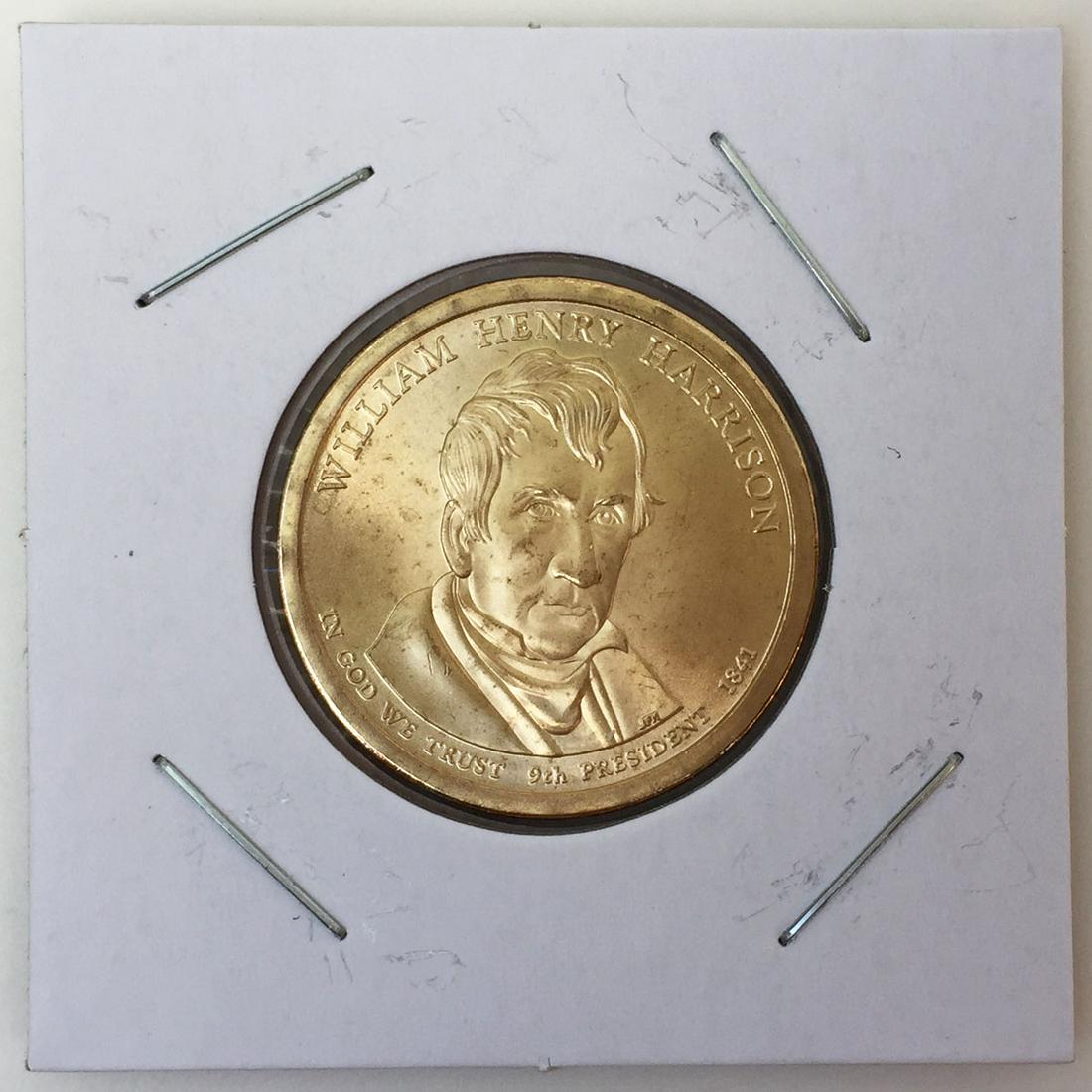 Mint US President William Harrison $1 Dollar coin: Mint US President William Henry Harrison, Statue of Liberty on reverse $1 Dollar gold tone coin. Condition very good.