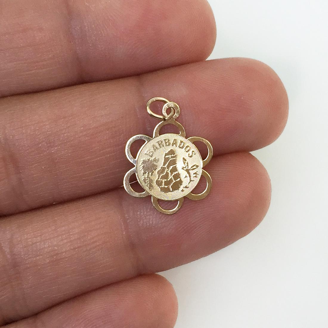 14KT gold textured Barbados flower pendant: 14KT gold textured Barbados flower pendant. Weight 0.37 grams. Hallmarked 14 KT C REA. Length 3/4 inches with bail. Condition very good.