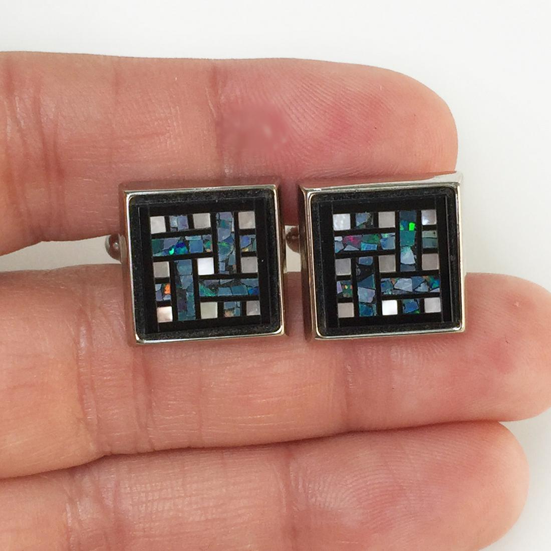 Silver tone MOP and Opal chips inlay square cufflinks (1 of 7)