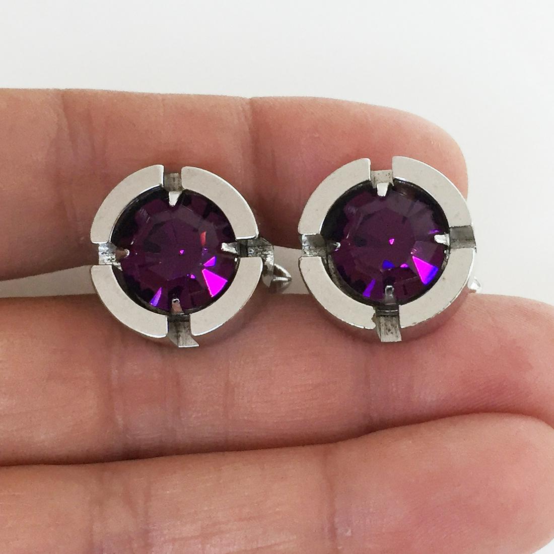 SWANK Silver tone amethyst color round cufflinks signed (1 of 7)