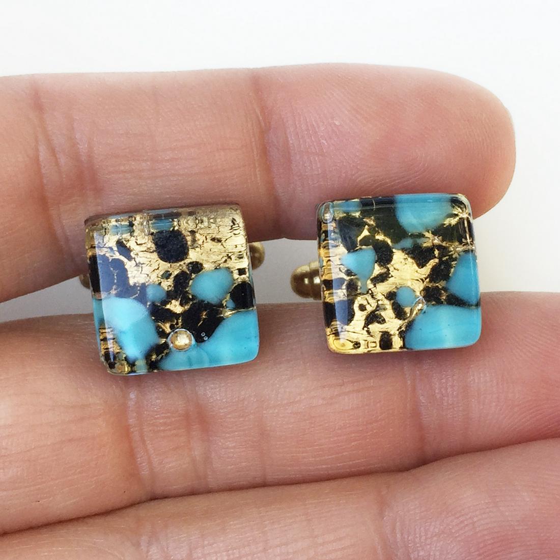 Gold tone murano style blue black gold square cufflinks (1 of 6)