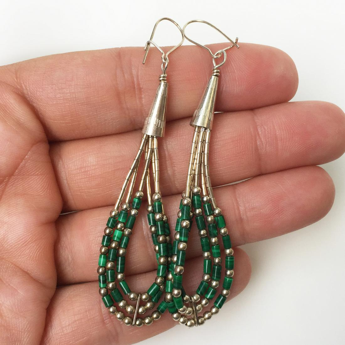 Sterling silver malachite beads dangling earrings (1 of 2)