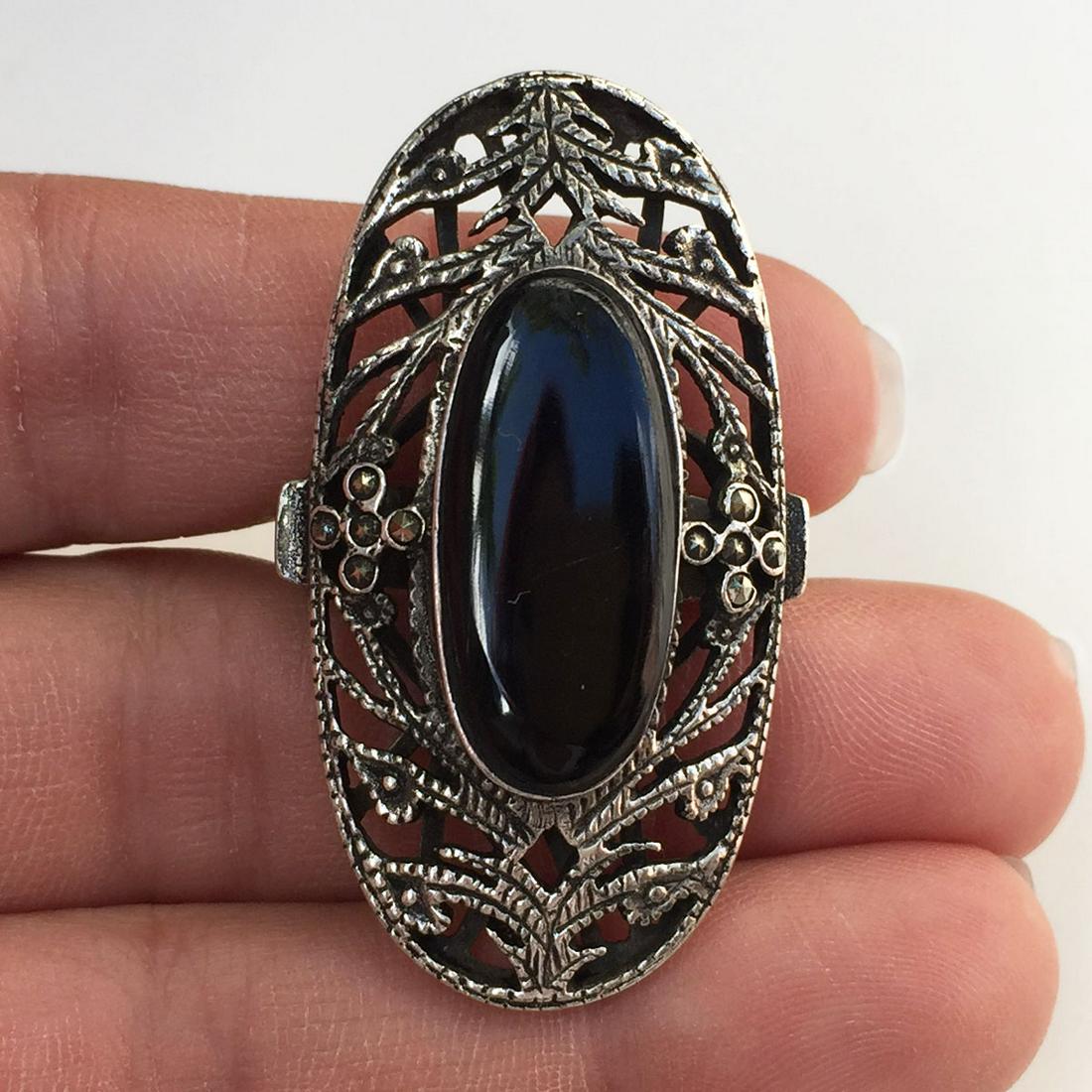 Sterling silver black onyx cab marcasite cocktail ring (1 of 5)