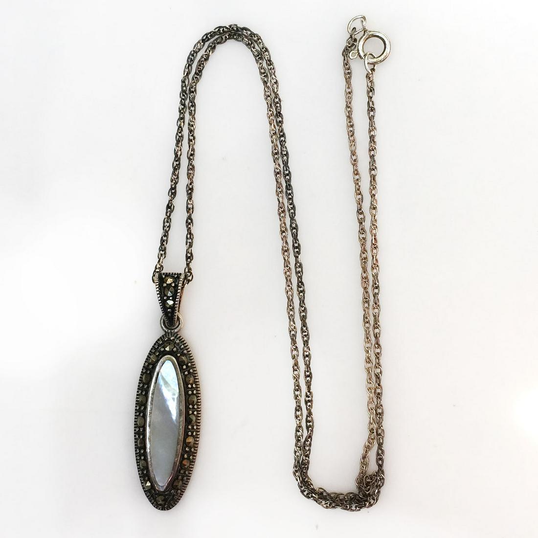 Sterling silver MOP marcasites pendant wheat chain (1 of 4)