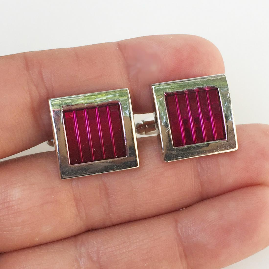 Silver tone pink enamel square shape cufflinks (1 of 7)