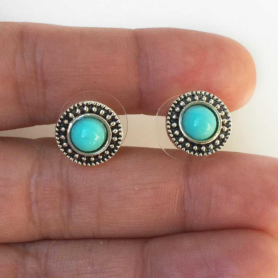 Silver tone turquoise color cab Round shape earrings (1 of 4)