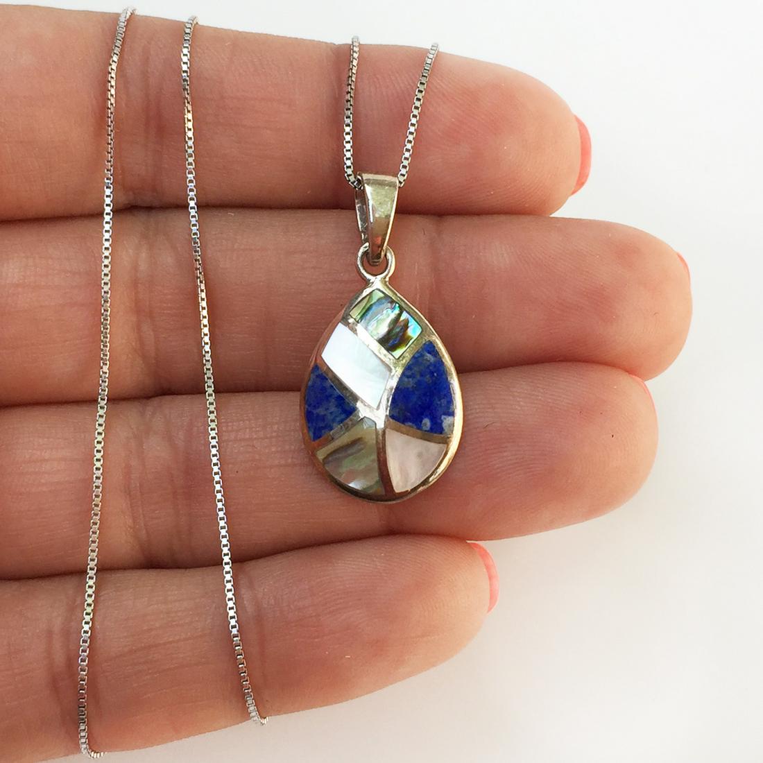 Sterling silver MOP Abalone Lapis pendant box chain (1 of 5)