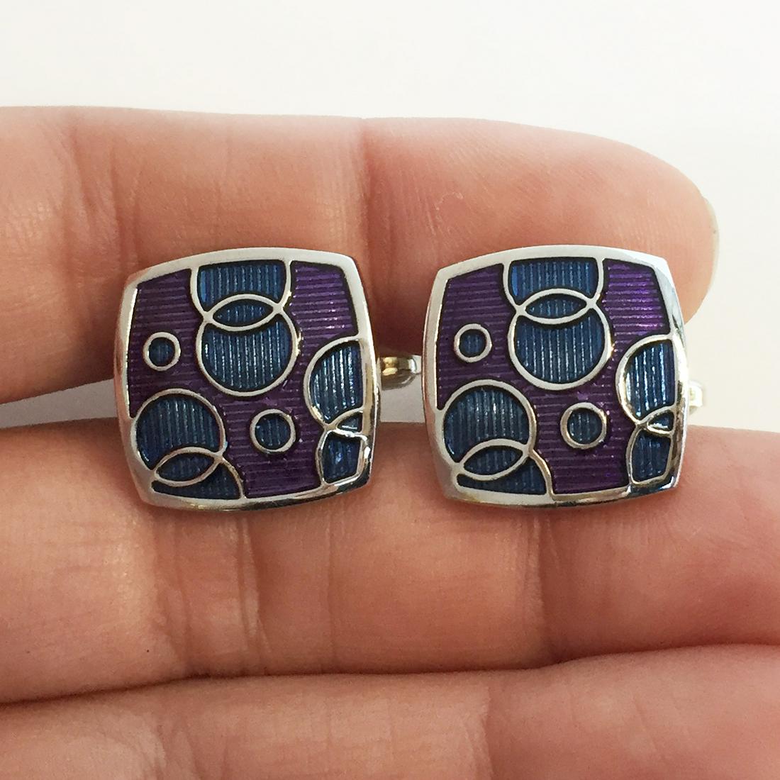 Silver tone purple blue enamel square cufflinks (1 of 7)