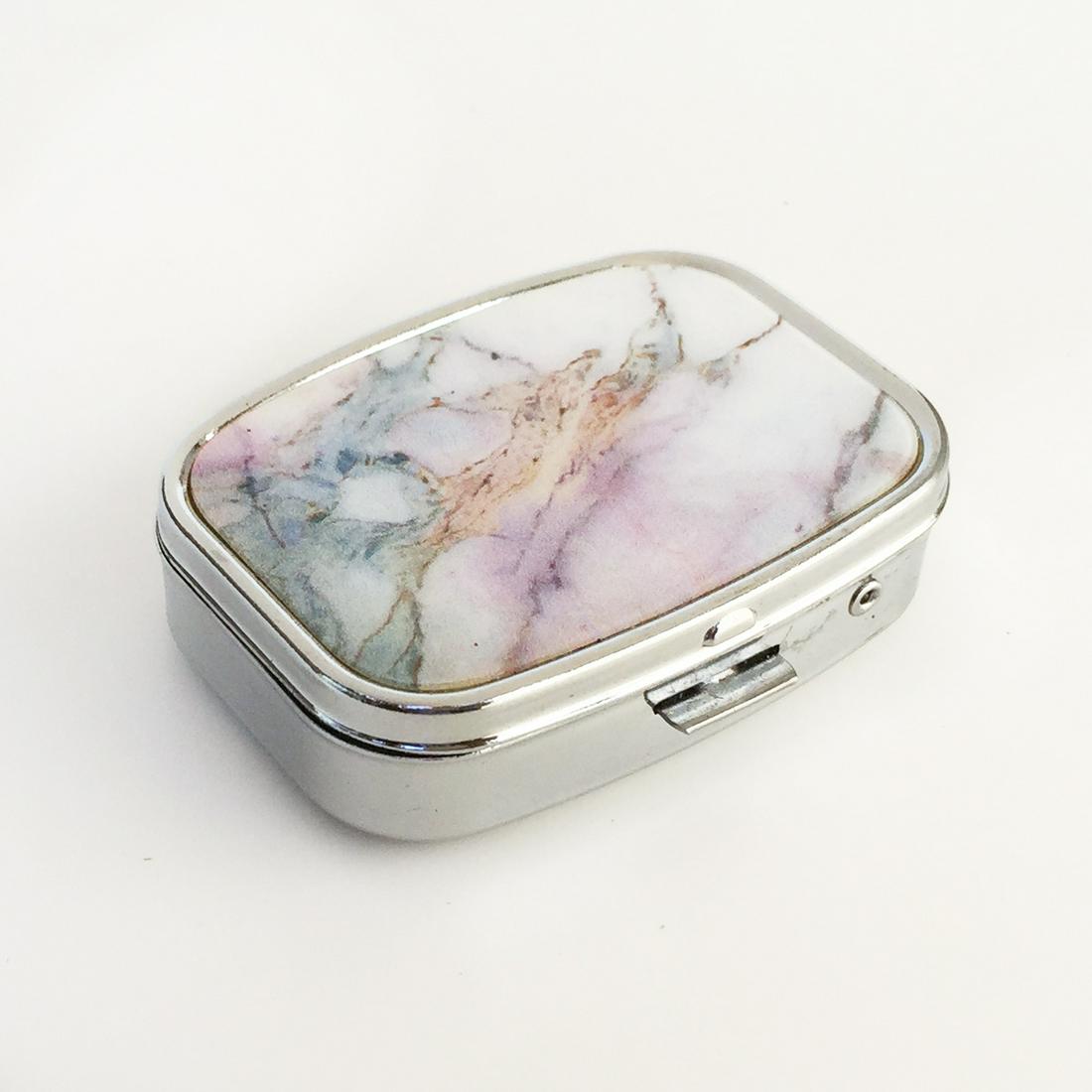 Silver tone multicolor marble color pill mint box: Silver tone multicolor marble stone color design pill mint box with mirror. Measured 2 1/8 x 1 5/8 x 1/2 inches. Condition very good.
