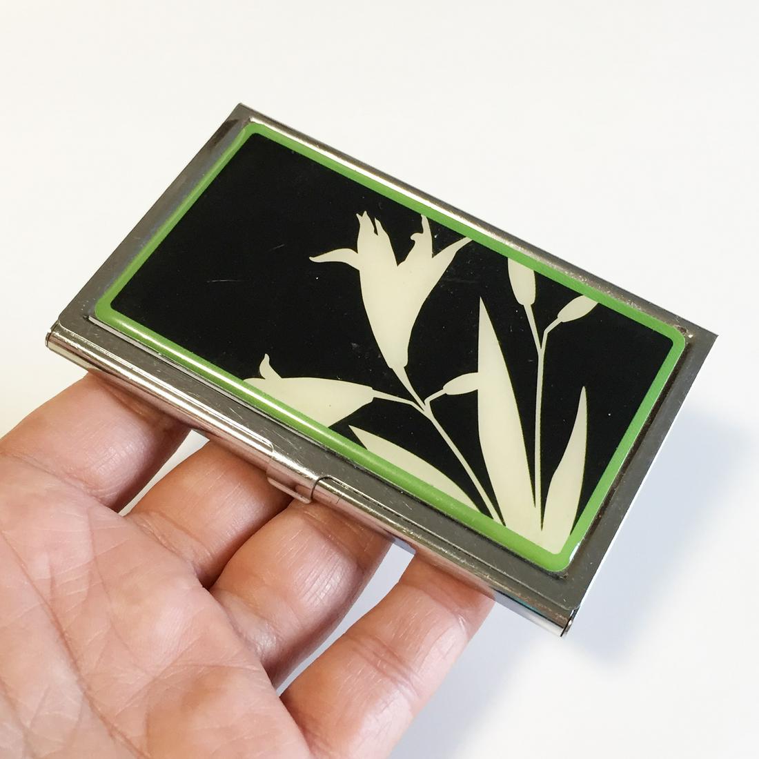 Silver tone white black green flower card holder (1 of 4)