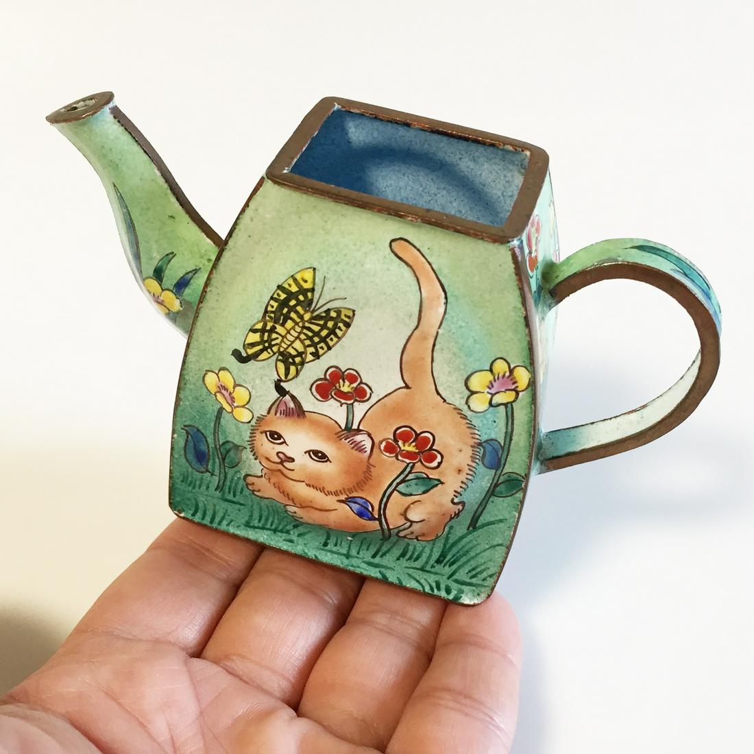 Ceramic green turquoise Cat Flower small Tea Pot (1 of 6)