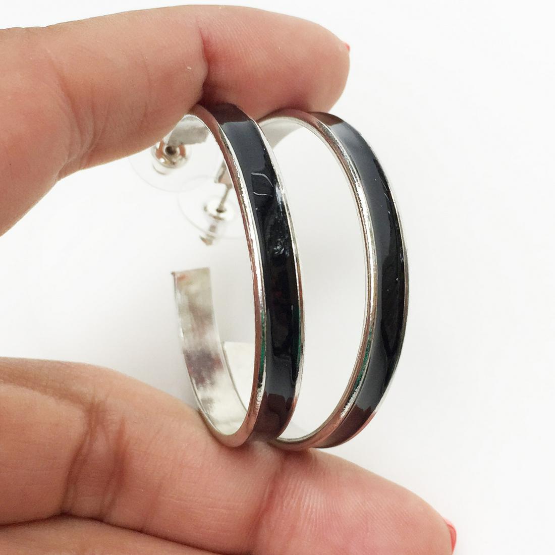 Silver tone black enamel hoop earrings: Silver tone black enamel hoop push back earrings. Length 1 5/8 inches. Condition excellent.